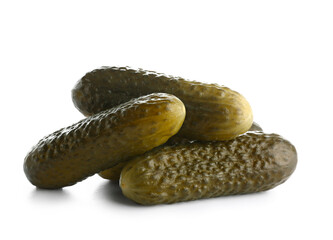 Pickled cucumbers on white background