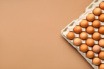 Chicken eggs in cardboard box on beige background