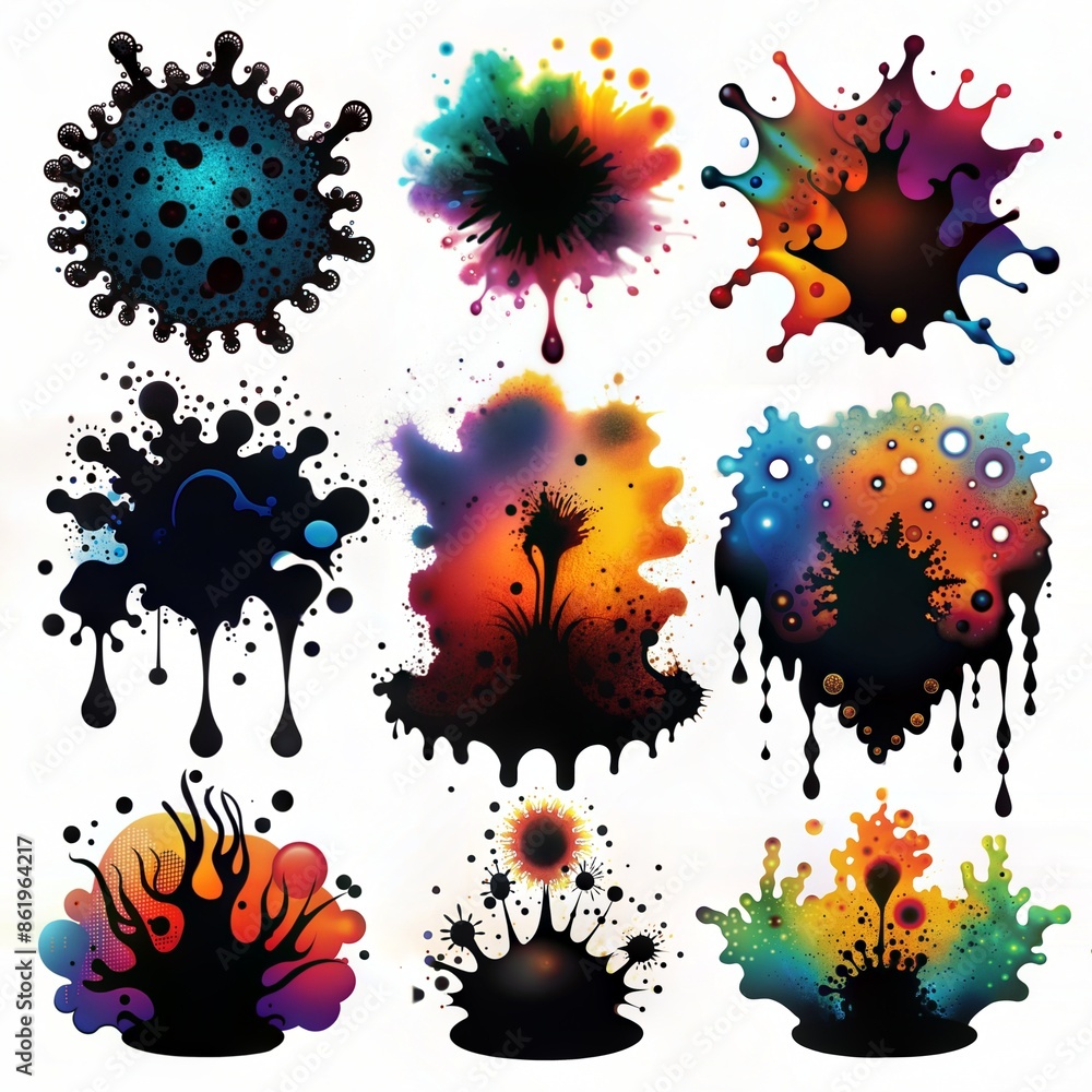 Aufkleber a collection of vibrant and colorful ink splashes in various shapes and sizes on a white background.