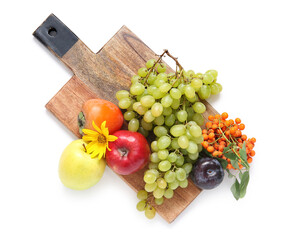 Wooden board with different fresh fruits and berries on white background