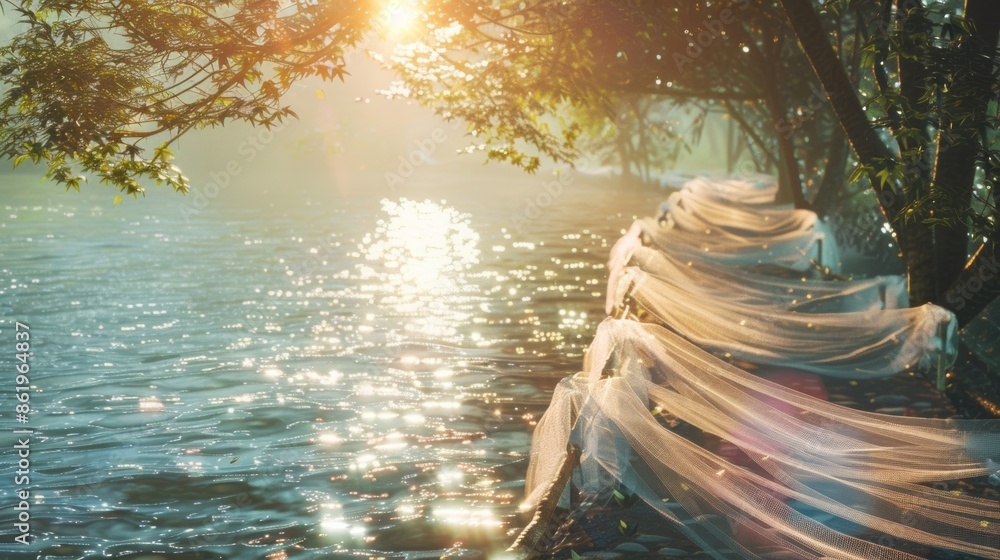 Poster soft pastel fabric streams along a walkway that runs parallel to a glimmering river.