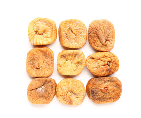 Many sweet dried figs on white background