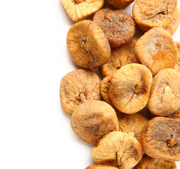 Many sweet dried figs on white background