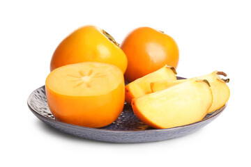 Plate with sweet ripe persimmons on white background