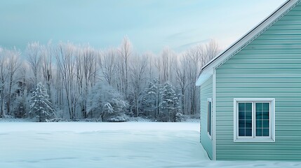 panoramic shot of a house with vinyl siding in a calm seafoam green, with a backdrop of a snowy forest and a crisp winter sky