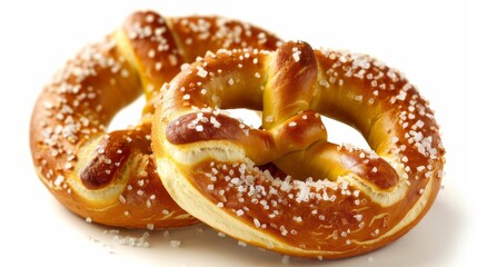 Soft pretzels topped with coarse salt, close-up on white background. Traditional baked snack concept