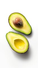 Two halves of fresh ripe avocado on white background