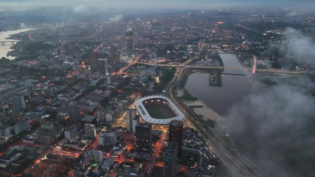 Aerial view of the city of Abidjan and the football stadium Felix Hupouet in Vinny in Abidjan