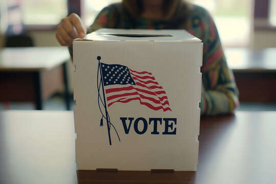 a woman points to a US ballot box