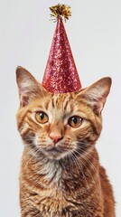 Cat wearing a party hat, studio shot. Celebratory and festive mood.