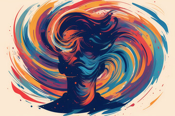 surreal illustration depicting a person's silhouette with a chaotic swirl of thoughts, symbols, and emotions emanating from their head, representing various mental health challenges.