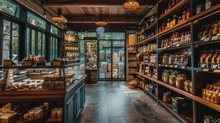 Cozy interior of a rustic gourmet grocery store