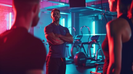Personal trainer guiding clients in a modern gym with vibrant lighting, fitness equipment, and focused atmosphere for effective workouts.