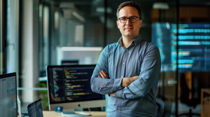 Confident software developer in a modern office, standing with arms crossed, with computer code on screens in the background.