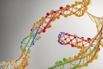 Obraz premium Fruit juice splash forming DNA helix, science visual on white backdrop