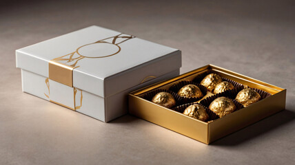 Premium chocolate box mockup, elegant rectangular box with a luxurious matte finish, gold foil logo and ribbon detail, high-resolution 3D render with realistic textures and shadows, top and side views