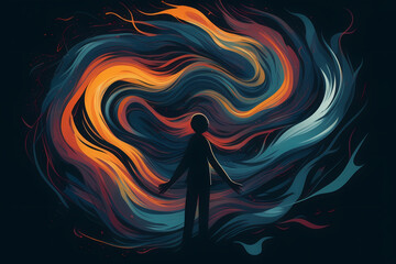 surreal illustration depicting a person's silhouette with a chaotic swirl of thoughts, symbols, and emotions emanating from their head, representing various mental health challenges.