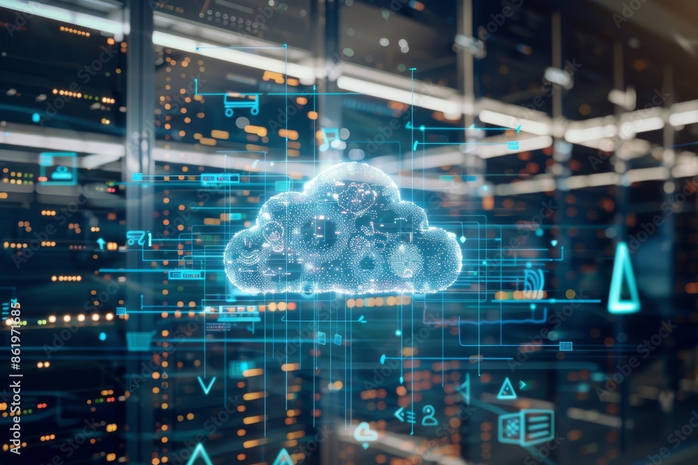 Aufkleber illustration of a cloud network with connected elements, showcasing digital collaboration and cloud 