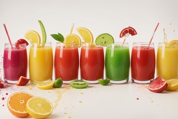 Fruit juice with slices, colorful capture on white backdrop