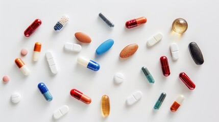 Various colorful medication isolated on white background Concept of healthcare Close up with copy space