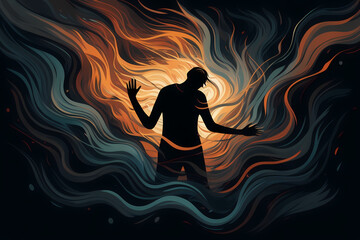 surreal illustration depicting a person's silhouette with a chaotic swirl of thoughts, symbols, and emotions emanating from their head, representing various mental health challenges.