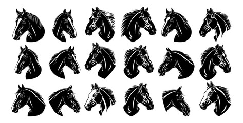 Fototapeta premium Horse heads ink silhouettes vector set. Avatars mane artiodactyl mans friend companion strong mount icons isolated on white background