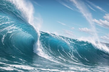 Water splash creating ocean wave, surfs up on white backdrop