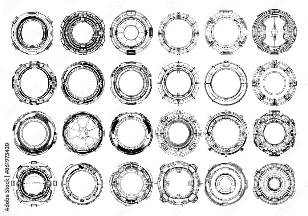 Aufkleber hud round frames ink sketch vector set. interface spiral geometric lines sights rings aiming ui elem