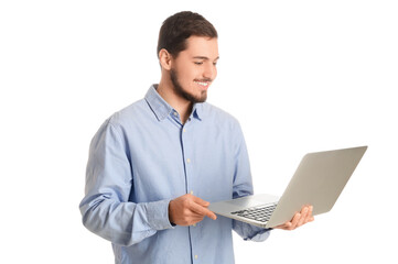 Young man using laptop on white background. Online dating concept