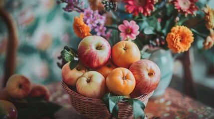 Basket of apples and oranges with flowers
