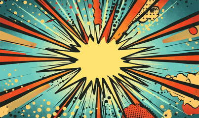 VIntage retro comics boom explosion crash bang cover book design with light and dots. Can be used for decoration or graphics. Graphic Art. Vector. Illustration
