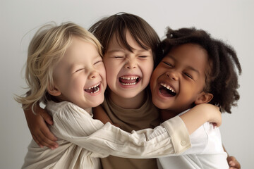 The image shows five children smiling brightly at the camera. The group is diverse, featuring children of different ethnic backgrounds, emphasizing multiculturalism, multiracial harmony, and unity.