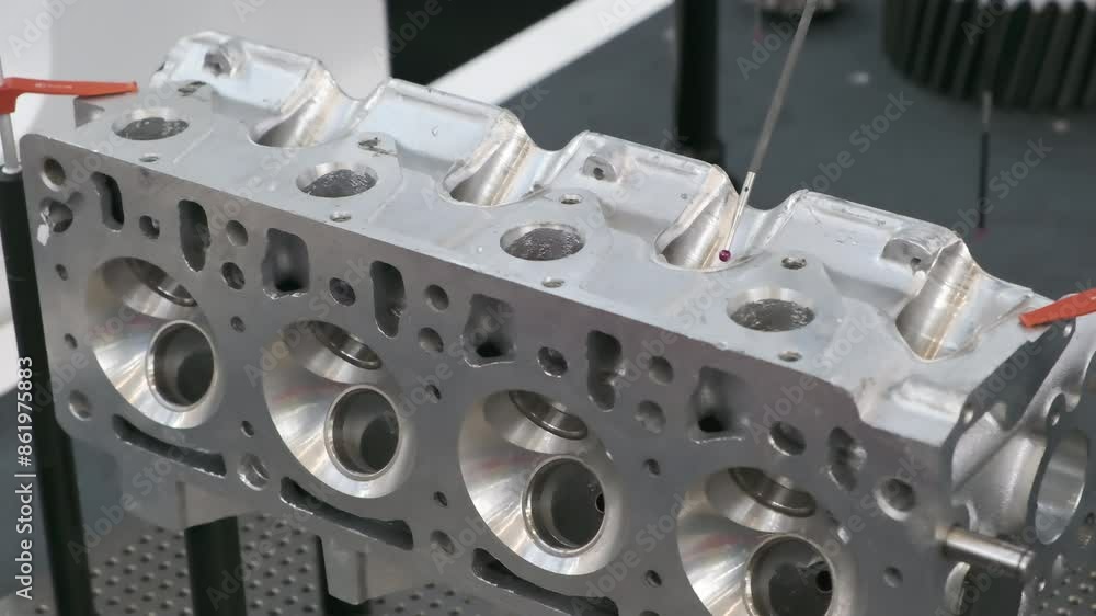 Poster close-up check measurement of automotive cylinder block by detecting head sensor, car service and re