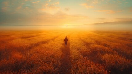 Fototapeta premium Person walking through a field of tall grass