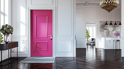 vibrant cerise door with a high gloss finish, set in a clean, white entryway with contrasting dark wooden floors and a contemporary chandelier
