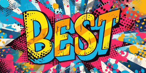 A colorful poster with the word "best" written in a stylized font