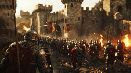 An intense medieval siege scene at a castle, with detailed stone architecture and dynamic lighting from torches and fires reflecting off the armor of soldiers. 