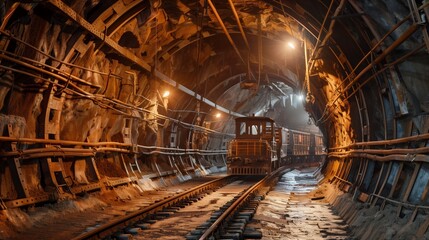 Naklejka premium Underground Mining Tunnel With Industrial Rail System And Loaded Ore Transport Wagon Moving Through Reinforced Excavation Passage Under Warm Work Lights