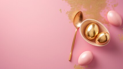 Obraz premium Golden and pink Easter eggs with spoon