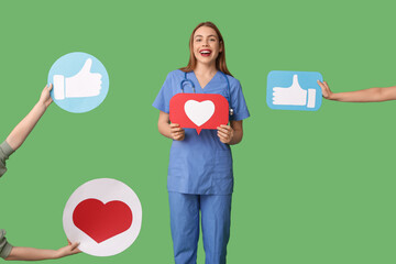 Beautiful young female nurse and hands with heart like icons on green background