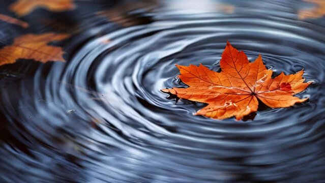 Autumn leaf floating on a tranquil water surface with ripples in slow motion, capturing peaceful nature moment