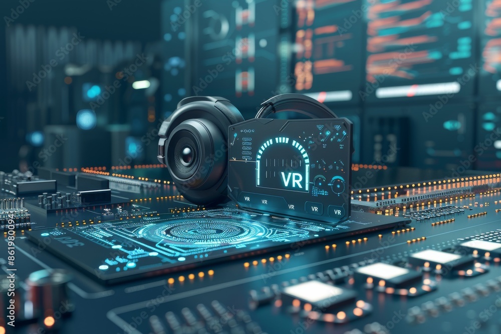 Poster man using vr technology, exploring immersive digital experiences and futuristic interaction in an ur