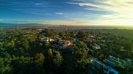 Fototapeta premium Majestic Los Angeles Mansion with Expansive City Views Captured in Aerial Photography: Luxury Real Estate Focus