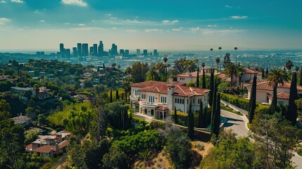 Naklejka premium Majestic Los Angeles Mansion with Expansive City Views Captured in Aerial Photography: Luxury Real Estate Focus