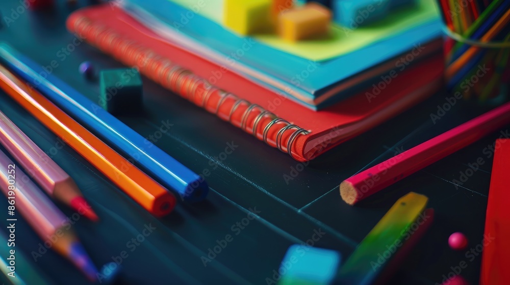 Poster colorful school items rest on dark board with shallow depth of field
