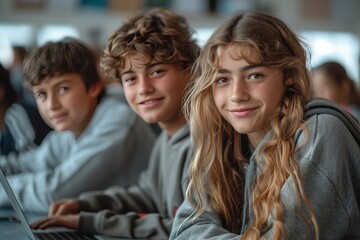 Obraz premium photo of happy high school students e-learning in bright classroom