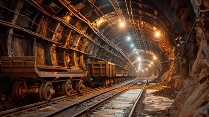 Obraz premium Underground Mining Tunnel With Heavy Ore Wagons Positioned On Industrial Rail Tracks Inside Reinforced Excavation Corridor Illuminated By Warm And Cool Work Lights
