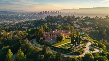 Obraz premium Aerial Perspective of a Prestigious Los Angeles Mansion with Breathtaking City Views: Luxury Real Estate Concept