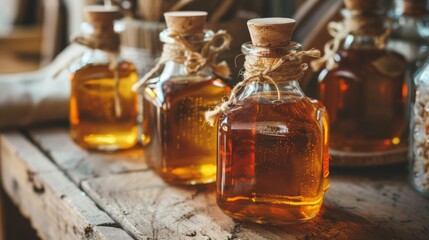 Bottles of honey on wooden table
