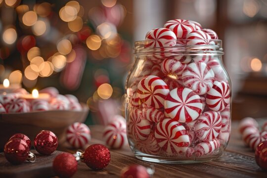 Many candy candies in a jar on a table, Food background, Christmas holiday